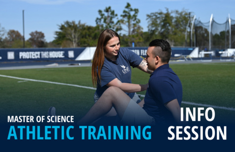 Two people sitting on athletic field with text Master of Science Athletic Training Info Session