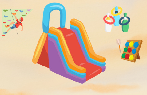 Colorful illustrations of a person climbing a rock wall; an inflatable slide, ring toss game, and balloon dart game.