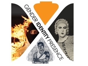 Square-shaped graphic with a large, white letter 'X' centered on the image. The X extends to the four corners of the square, and has the words "Gender, Identity," and "Presence," running diagonally from the top left to the bottom right of the X letter form. In the negative spaces between the lines of the X shape and the edge of the square graphic are images of artworks from a variety of media, including cut paper, photography, and a still form a film.
