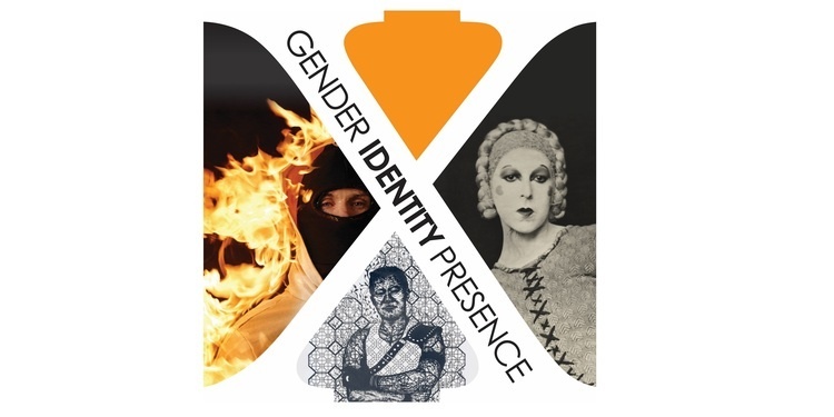 Square-shaped graphic with a large, white letter 'X' centered on the image. The X extends to the four corners of the square, and has the words "Gender, Identity," and "Presence," running diagonally from the top left to the bottom right of the X letter form. In the negative spaces between the lines of the X shape and the edge of the square graphic are images of artworks from a variety of media, including cut paper, photography, and a still form a film.