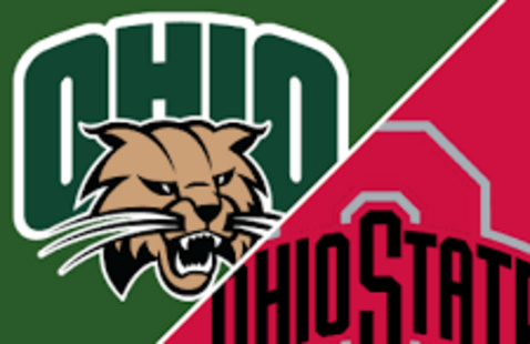 Ohio University Athletics and Ohio State Athletics logos split on the diagonal