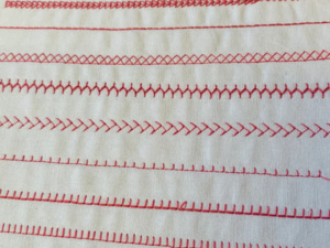 Various sewing stitches red on white fabric