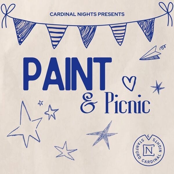 In bold blue letters "Paint and Picnic" is written. Handdrawn stars and a blue banner at the top of the page. The cardinal nights logo is in the bottom right corner