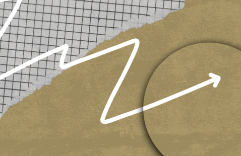 The image is divided diagonally into two contrasting sections:  Left Side: Laboratory Interior Right Side: Abstract Design  Background: Dark gray.  Pattern: Yellow lines and dots forming a network of interconnected nodes—resembling data points, neural networks, or molecular structures.Divider  A diagonal  gold strip separates the two halves.