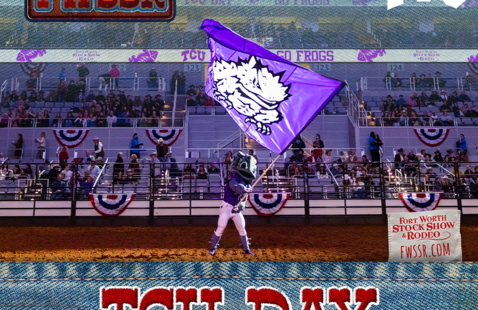 SuperFrog waving athletic flag at rodeo