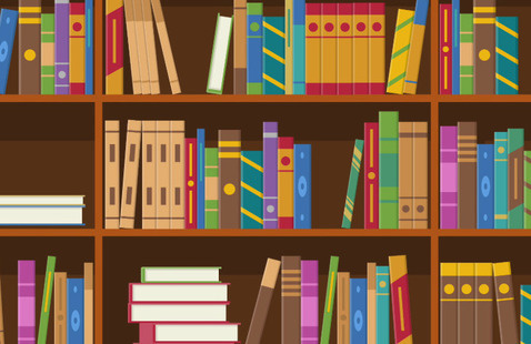 a drawing of stacks of books on shelves