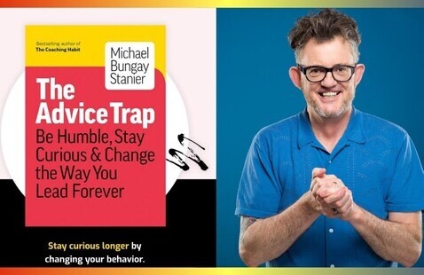 Author picture on the right, their book (The Advice Trap) on the left. 