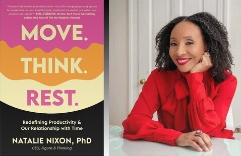 Author picture on the right, their book, Move. Think. Rest. on the left. 