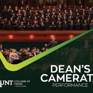 The words "Dean's Camerata" on a dark background with a green checkmark graphic and a choir and orchestra performing on a stage