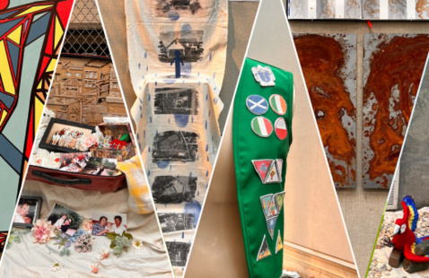 Collage of art piece details promoting an exhibition in Cage Galleries