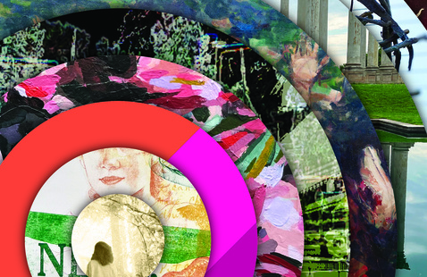 Collage of works featured in art exhibition at the art museum