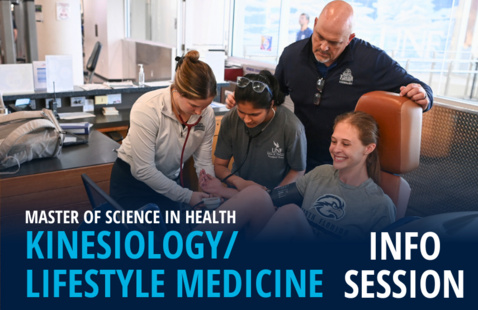 Four people in a medical office with text Master of Science in Health Kinesiology/Lifestyle Medicine Info Session