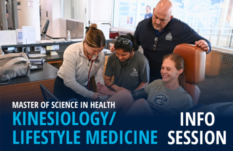 Four people in a medical office with text Master of Science in Health Kinesiology/Lifestyle Medicine Info Session