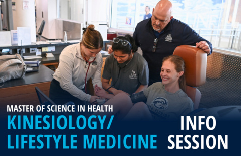 Four people in medical office with text Master of Science in Health Kinesiology/Lifestyle Medicine Info Session