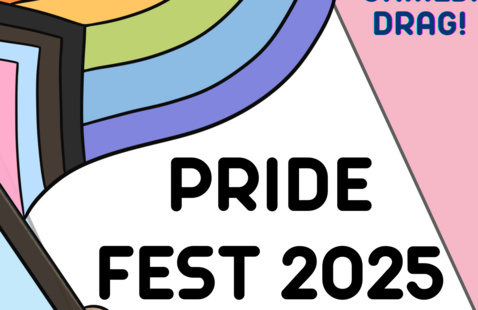 photo of a colorful Pride flag with the words Pride Fest 2025