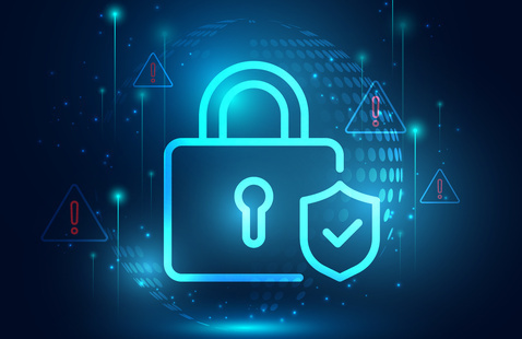 Abstract lock and shield concept in blue light.