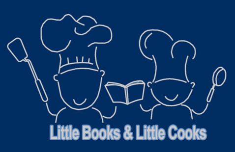 Cartoon parent and child holding cook book ready to cook