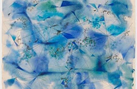 An abstract drawing features blue and white painted forms intersected by thin black geometric lines. The blue and white forms appear blended in various shades. 