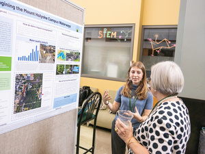 A student discussing their research at a poster session.