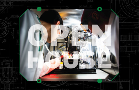 Open House over a semiconductor manufacturing photo encased by circuit board brackets on a black and gray technical drawing background
