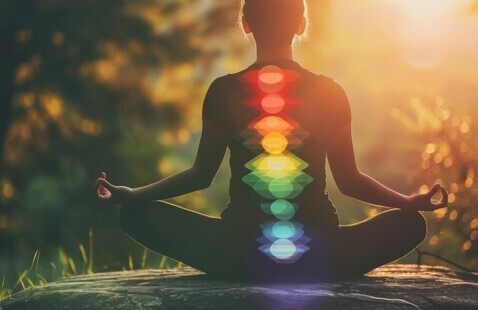 person in a yoga pose with colored sun chakras points on their spine