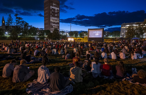 People sitting on the lawn watching a movie on a large screen