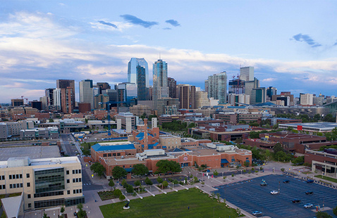 aerial shot of auraria campus and the denver skyline