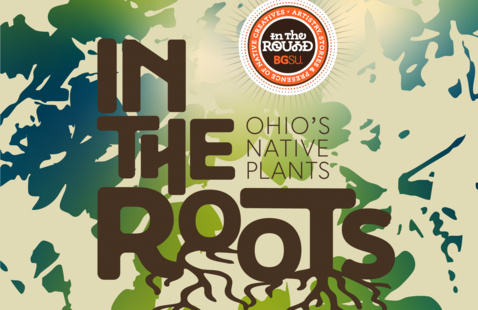 a logo for this exhibit saying in the roots in brown 