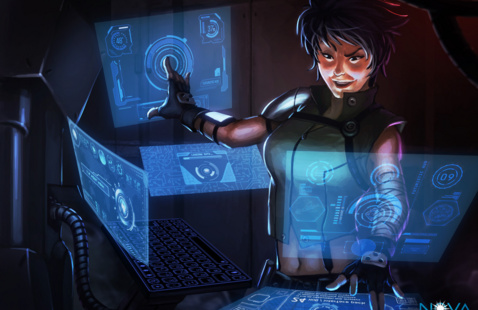 avatar looking at multiple glowing blue screens 