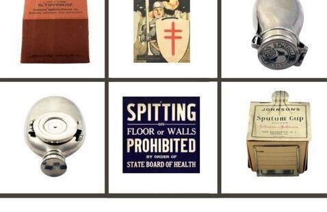 tuberculosis related medical artifacts. (2) Sputum cups, TB prevention brochure, (2) metal sputum flasks, No Spitting sign.