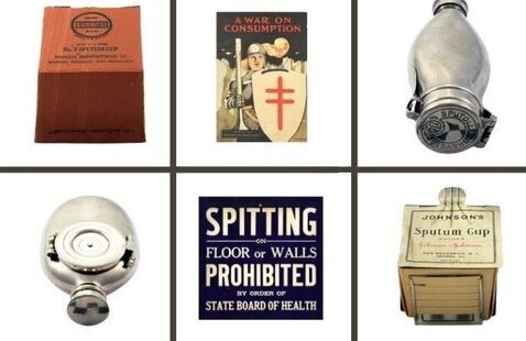 tuberculosis related medical artifacts. (2) Sputum cups, TB prevention brochure, (2) metal sputum flasks, No Spitting sign.