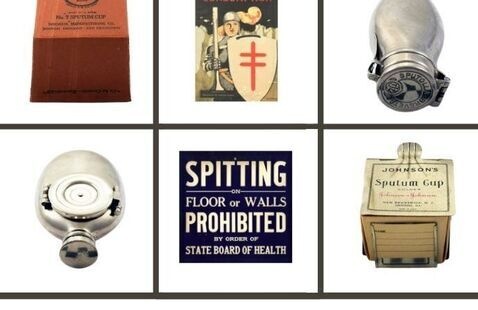 tuberculosis related medical artifacts. (2) Sputum cups, TB prevention brochure, (2) metal sputum flasks, No Spitting sign.