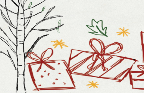 A festive holiday graphic featuring a hand-drawn bare tree with a few green leaves on the left and several red gift boxes with ribbons and bows on the right. Yellow stars and green leaves are scattered around the presents. At the top are two logos: the University of Nevada’s College of Education & Human Development logo on the left and the Joe Crowley Student Union logo on the right. The background is bordered with a red and green plaid pattern.