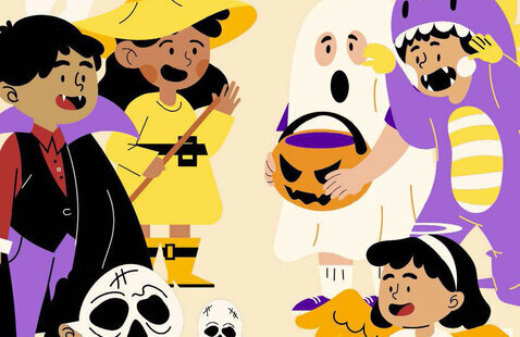 Cartoon people dressed in costumes.