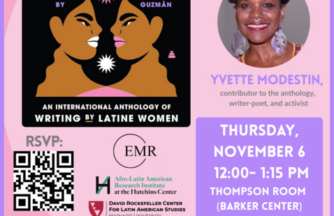 Beautiful book cover of the Daughters of Latin America book cover with illustration art depicting women and Latine motifs, and portraits of Sandra Guzmán and Yvette Modestin, who are both Latine women of color.