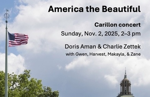 flier featuring the USA flag and stop of Rush Rhees Library.