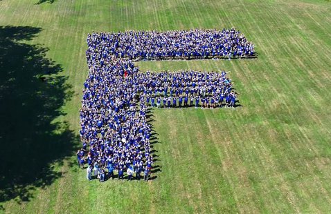 Fredonia F formation of students - aerial photo