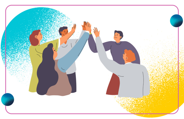 group of friends and ucsd branding bubbles