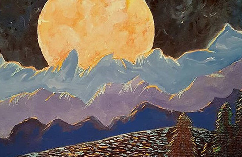 Painting of a large, bright harvest moon rising behind mountain peaks.