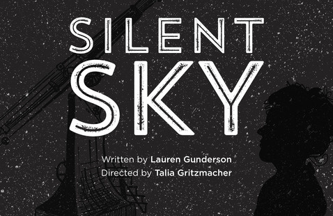 a dark starry background with the silhouette of a telescope and woman