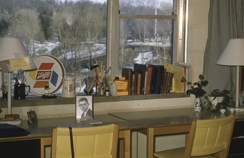 Dormitory room in Susan B. Anthony Halls, ca 1957.