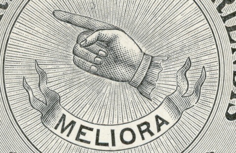 old URochester seal, which includes a hand with a finger pointing diagonally up to the left.