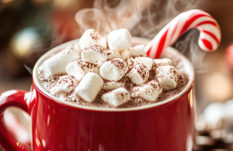 hot chocolate in a mug with marshmellows and candy cane