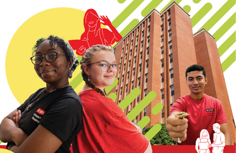 Students standing back to back in front of a building looking like teammates. One student holding out a key to show that he works for housing. A building in the background and creative line work to tie together the whole graphic. 