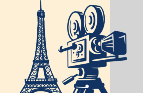 Eiffel Tower and film camera graphic in blue