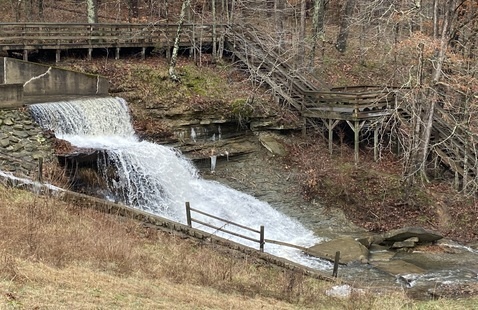 The artificial waterfall at Lake Strahl, Brown County State Park