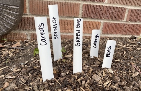 vegetable markers made from old mini blind slats and labeled carrots, spinach, green beans, cabbage, peas
