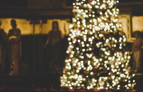 A Christmas tree decorated with glowing white and gold lights stands prominently in the foreground, creating a soft, blurred effect. In the background, there are statues and ornate architectural details, suggesting a historic or formal setting with warm, ambient lighting.