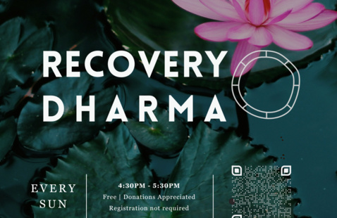 lotus flower background with title and details about recovery dharma