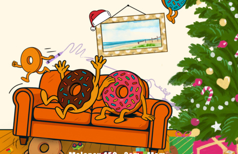 A scene of chaos with a family of donuts. One donut hangs from a Christmas tree to the right side of frame. In the middle sit two donuts on a couch, one with head in hands and the other falling backward into the other. Behind them, a small donut runs along the top of the couch drawing crayon all over the wall. Under the couch, another donut crawls for a toy, tipping up the left side of the couch.